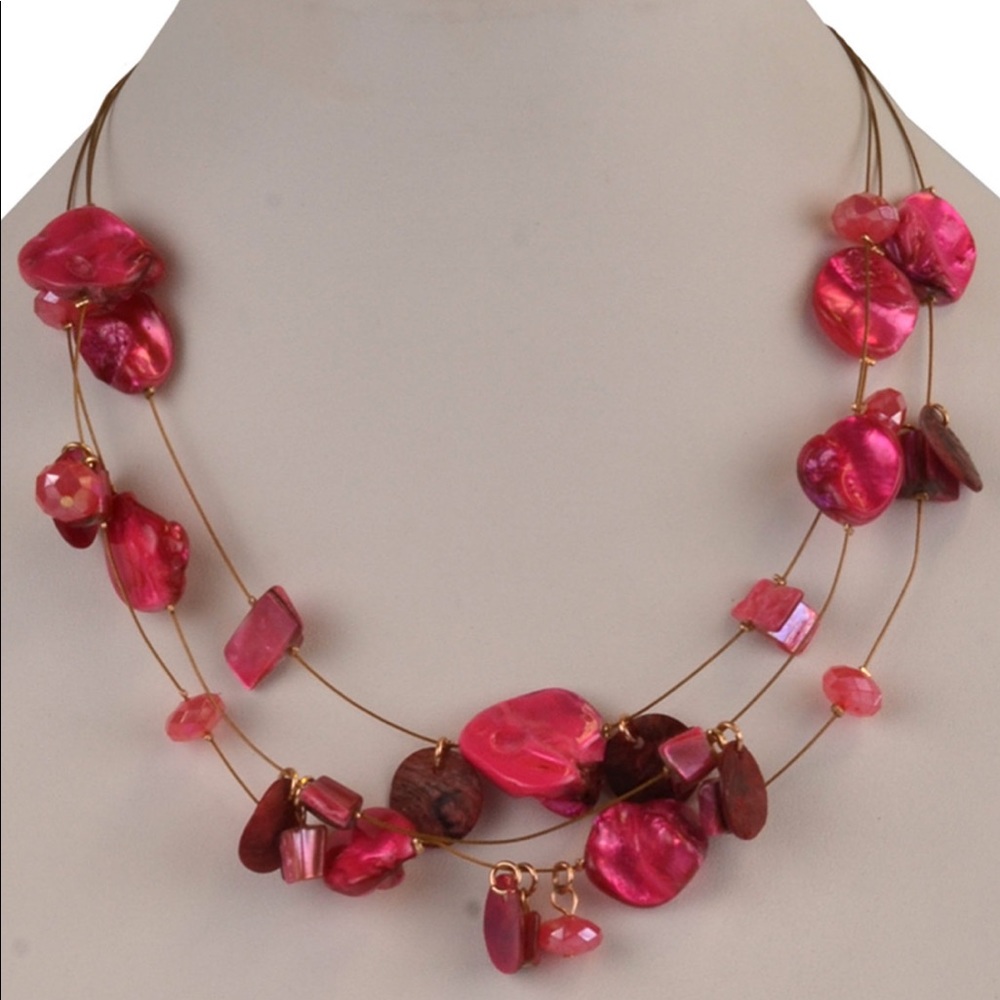 Pink shell multi-row illusion statement necklace
